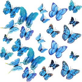 24PCS 3D Butterfly Wall Sticker Double Layer Butterflies Wall Art Stickers Girls Bedroom Decorations Butterfly Wall Decals DIY Art Crafts for Home Garden Classroom Party Decor (Blue)