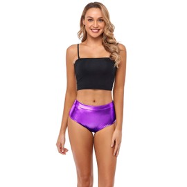 Kepblom Metallic High Waisted Booty Shorts Women's Shiny Cheeky Dance Festival Rave Bottoms, Purple, Medium