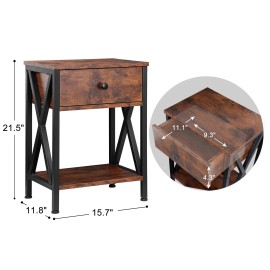 Segawe Set of 2 Durable End Side Tables with Drawer and Metal Frame Bedroom Furniture