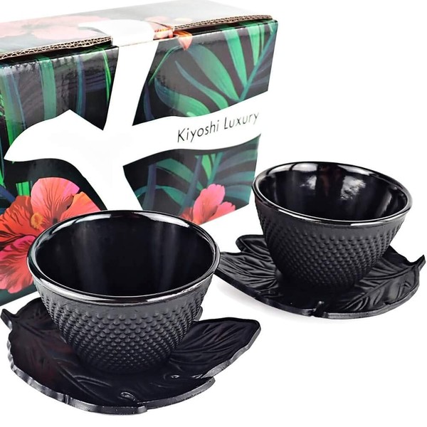KIYOSHI Luxury 4pc Japanese Tea Cups Set. Solid Black Cast Iron Tea Cup Set, 2 Tea Cups and Saucers. 4oz Teacup Set For Any Japanese Tea Set or Teapot.