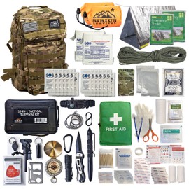 Sirius: Bug Out Bag Starter Kit - 72 Hour Kit for 1 Person – Backpack Survival Kit – 50L Tactical Backpack, US Made Food & Water, Medical Supplies & Survival Tools (Camo, 2 Person)