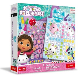 Trefl - Chinese, Snakes and Ladders: Gabby's Dollhouse - 2-in-1 Classic Family Board Game with Feline Fairy Tale Hero Gabi, Double-Sided Board, Simple Rules, for Adults and