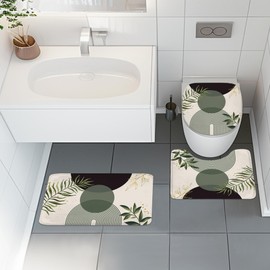 Mitpok 4 PCS Dark Green Boho 72Wx72H Shower Curtain Set Modern Mid Century Leaves Plant Bath Rug Toilet Lid Cover Nonslip U Shape Mat Quick Dry Rubber Backed Dirt Resistant Accessories Bathroom Decor