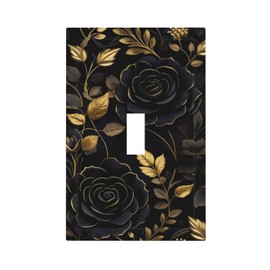Tewujay Black Gold Floral Leaves 1 Gang Light Switch Covers Single Toggle Wall Plate Decorative Switchcover Electrical Switchplate for Farmhouse Living Decor