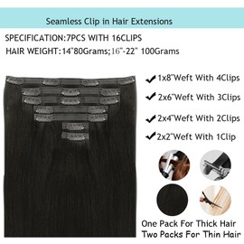 Seamless Clip In Hair Extensions, PU Clip in Human Hair Extensions 16 Inch 100g 7pcs Human Hair with Invisible PU Skin Weft Natural Black Remy Hair Clip in Extensions Straight
