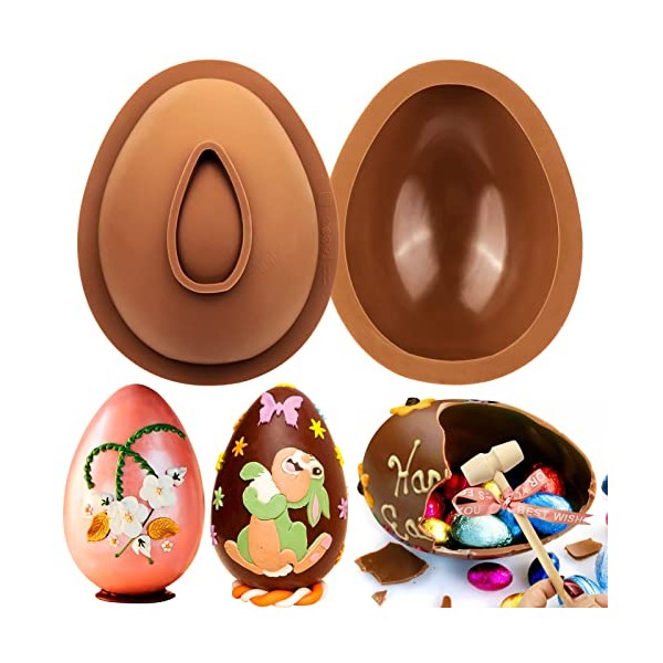 Juome Easter Eggs Chocolate Silicone Molds, Large 3D Breakable Easter Egg Chocolate Molds with 1 Hammer for Easter Decorations, Mousse Cake, Dessert Baking
