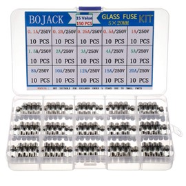 BOJACK 15 Values 150 pcs Fast Blow Glass Fuses Assortment Kit 5x20 mm 250 V 0.1 0.2 0.25 0.5 1 1.5 2 3 4 5 8 10 12 15 20 A packag in a Clear Plastic Box