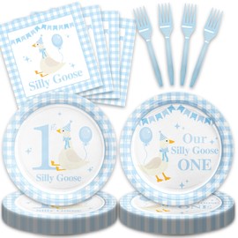 48Pcs One Silly Goose Birthday Decor Boy Baby Shower Decorations Silly Goose 1st Happy Birthday Decorations with Blue and White Plates and Napkins Forks Set Party Supplies