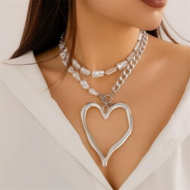 Chunky Gold Heart Necklace for Women,Statement Charm Love Pearl Choker Necklaces Punk Exaggerated Large Hollow Heart Pendant Necklace Dainty Y2k Jewelry (Silver)
