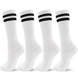 DECOVICI Kids Soccer Socks for Boys and Girls 4 Pairs, Knee High Youth Socks for Children, Soft Strips Athletic Socks for School Uniform 3-13 Years(7-13Years,4White)