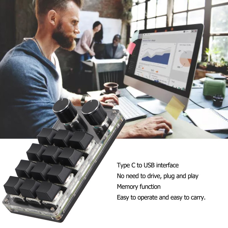 Programmable Macro Keyboard 2 Knobs Blue Switch Black 12 Keys