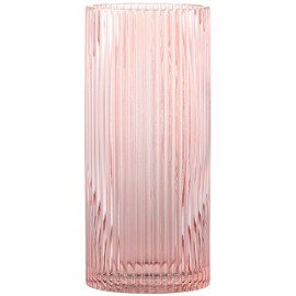 YANWE1 Pink Glass Vase for Flowers Ribbed Glass Vase, Pink Flower Vase, Tall Cylinder Glass Vases for Centerpieces, Living Room, Bedroom, Dining Table, Office, Wedding, Bookshelf Decoration,10 Inches