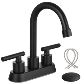 Airuida 2 Handle Faucet Centerset 4 Inch Bathroom Faucet Set Matte Black Two Hole Restroom Vanity Bathroom Sink Faucet with Swivel Spout, Pop Up Drain and 2 Water Supply Lines