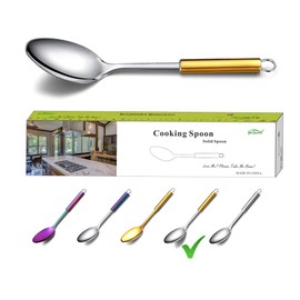 Berglander Solid Spoon, Stainless Steel Gold Handle Solid Cooking Spoon With Titanium Plating, Gold Handle Solid Serving Spoon, Kitchen Spoons, Spoon for Cooking, Basting Spoon (Gold Handle)
