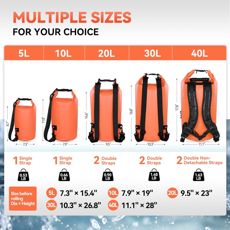 MARCHWAY Floating Waterproof Dry Bag Backpack 5L/10L/20L/30L/40L, Roll Top Sack