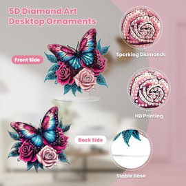MOGTAA Butterfly Diamond Art Desktop Ornaments Kits for Adults, DIY Crystal Diamond Art Painting Flowers Tabletop Ornament Kit, Special Shape Gem Painting Crafts for Home Office Table Decor