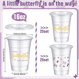 Jingmore 50 Set 16 oz Butterfly Spring Baby Shower Plastic Cups a Little Butterfly Is on the Way Disposable Plastic Cups with Straws Purple Drinking Cups for Birthday Baby Shower Party Decoration