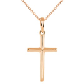 14K Solid Rose Gold Traditional Simple Religious Cross Pendant Necklace, 18"