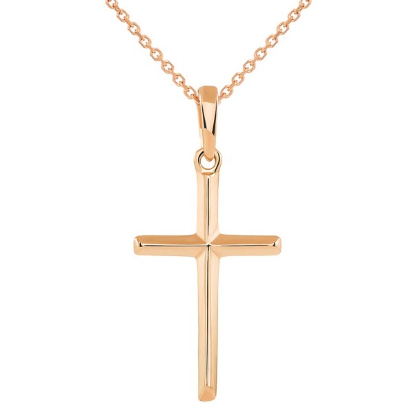 14K Solid Rose Gold Traditional Simple Religious Cross Pendant Necklace,