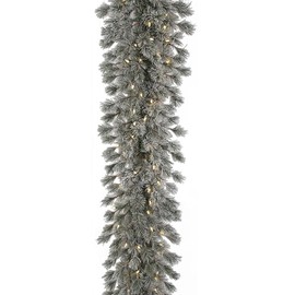 SilksAreForever 9'Lx14 W Frosted & Glittered Artificial Butte Pine LED-Lighted Garland -Green/White