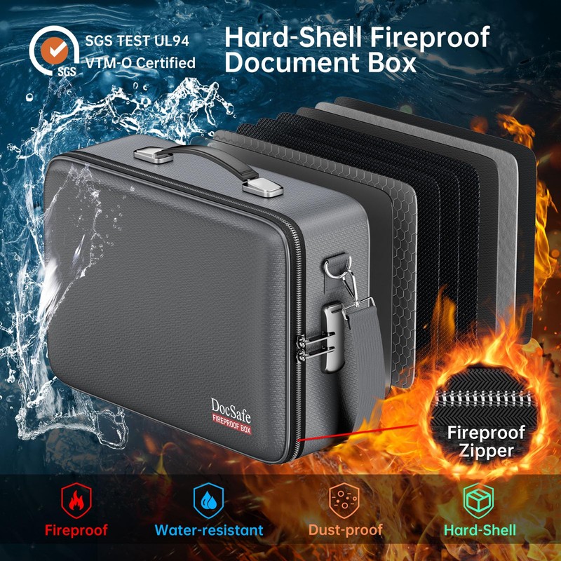 DocSafe Fireproof Document Box with Lock＆Shoulder Strap,Hard Case File Organizer