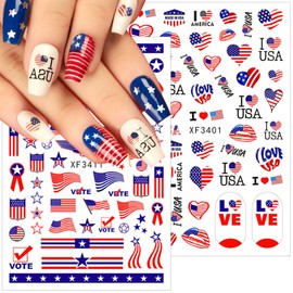 6 Sheets 4th of July Nail Stickers Independence Day Nail Art Stickers Patriotic Nails Decals 3D Self-Adhesive Nails Art Supplies USA Flag Star Letter Design Nail Kit for Women Acrylic Manicure Salon