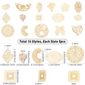 SUNNYCLUE 80 Pieces, 16 Types, Watermark Parts, Large Assortment Set, Alloy, Charms, Wrapping, Corner Decoration, Filigree Silver, Decoration, Flower Shape, Gold, Heart-shaped, Piercing Parts,