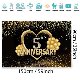 Happy 5th Anniversary Backdrop Decorations, Happy 5th Anniversary Banner, 5th Wedding Anniversary Party Poster Accessories Fabric Sign Poster, Black Gold Anniversary Keko Photo Background