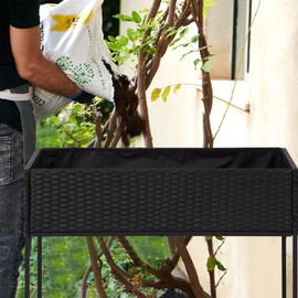 Zurssar Rattan Garden Raised Bed with Legs and Tool Storage Shelf, 36" L x 18" W Elevated Wicker Planter Box with Liner for Herbs, Vegetables, Flowers