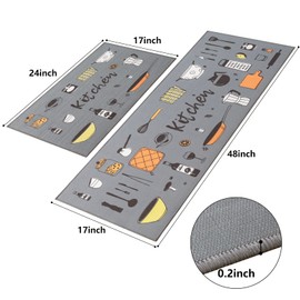 Carvapet 2 Pieces Non-Slip Kitchen Rug TPR Non-Skid Backing Mat for Doorway Bathroom Runner Rug Set, Grey Kitchen Design (17"x48"+17"x24")