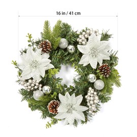 LinTimes 16 Inch Christmas Wreath for Front Door, 40cm Silver Artificial Wreaths with Xmas Baubles, Xmas Flowers, Berries and Pine Cones for Fireplace Wall Window Door Christmas Outside Decoration