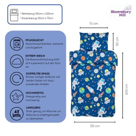 Bloomsbury Mill - Weltraum, Rakete & Planet - Bettwäscheset für Kinder - Bettbezug 135cm x 200cm und Kissenbezug für Einzelbett