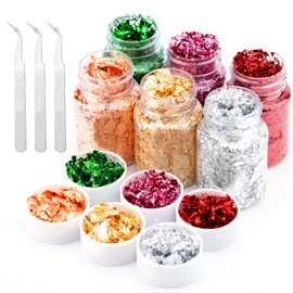 AIEX 6 Bottles Gold Foil Flakes with 3 Tweezers, Metal Imitation Gold Plating Flakes for Nail Art, Resin Art, Painting, Crafts (6 Colors, 3g for Each Colour)