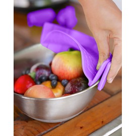 Clip-On Kitchen Food Strainer for Spaghetti, Pasta, Ground Beef Grease, Colander & Sieve Snaps on Bowls, Pots and Pans, Set includes Silicone Strainer, Brush & Garlic Peeler by Salbree (purple)