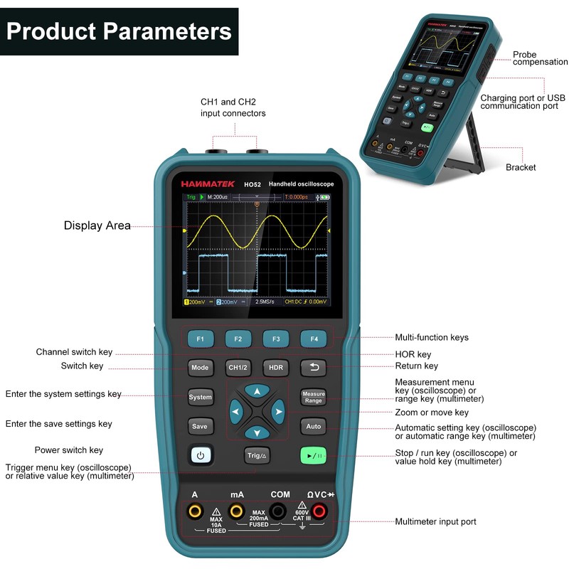 HANMATEK Handheld Digital Oscilloscope 50Mhz Bandwidth with 2 Channels HO52