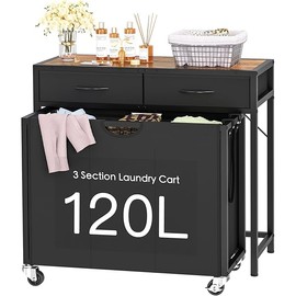 Laundry Sorter, Rolling Laundry Hamper with 3 Section Pull-Out Bags, Laundry Basket Organizer with 2 Drawers & 2-Tone Top Panel, Laundry Hamper with Wheels for Laundry Room Organization, Bathroom