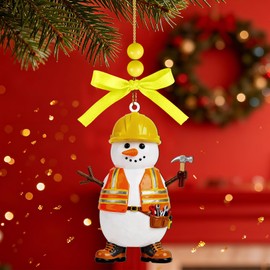 4Inches Snowman Construction Worker Christmas Ornament, Acrylic Snowman Construction Ornament Hanging Decoration for Rearview Mirror, Window, Eaves, Fireplace and Home Holiday Party Tree Decor