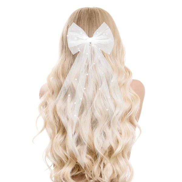 Bridal Bow Veil White Pearl Hair Clip Wedding Bridal Veil Bridesmaid Favors Bride to Be Bachelorette Party Decorations White Butterflies Hair Clip for Women and Girls (White)