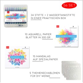 Arteasy Brush Pens, Set of 56 with 24 Pens and 2 Water Tank Pens, High-Quality Brush Pen, Fibre-Tip Pens, Watercolour Brush Pens for Calligraphy, Hand Lettering, Mandala Painting