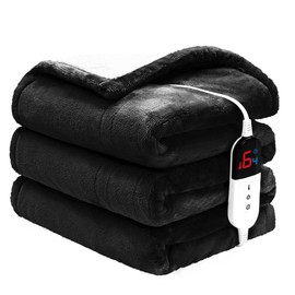 PTQ Heated Blanket Twin 62"×84" - Premium Cosy Soft Electric Blanket with 6 Heating Levels,Fast Heating Flannel Sherpa Blanket for Bed & Couch - Auto Shut Off/Machine Washable Blanket(Black)
