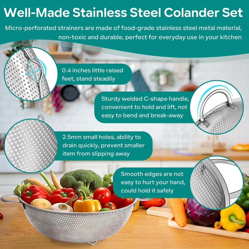 HaWare Stainless Steel Colander Set of 3, Micro-Perforated Metal Colander