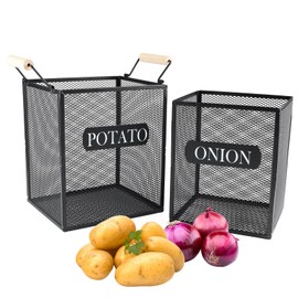 Xbopetda Set of 2 Potato and Onion Storage Bin, Metal Mesh Onion and Potato Baskets with Wooden Handle, Potato Bin Onion Holder, Kitchen Pantry Organizers and Storage for Onion Potato Fruit Vegetable