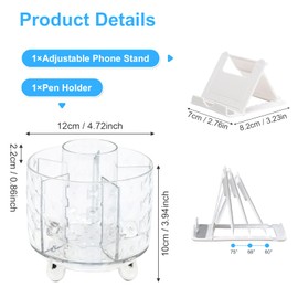 Marte Vanci Rotating Pen Pencil Holder, Clear Desk Makeup Organiser 360° Rotation Brush Holder with Phone Stand, Pen Pot Organiser 6 Slots Storage Caddy for Dressing Table Office Stationery Silver