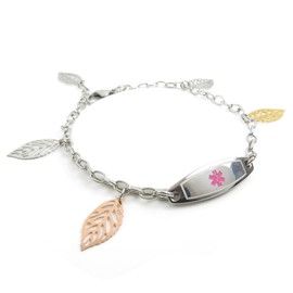 My Identity Doctor - Pre-Engraved, Customized Women’s Sulfa Allergy Alert Bracelet, Steel Leaves - Wallet Card Included