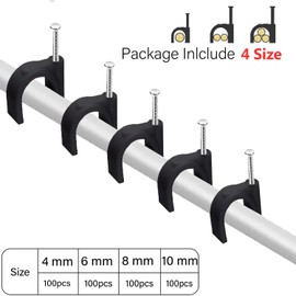 400pcs Cable Nail Clips, 4 Size (4/6/8/10mm) Durable Round Nails Cable Clips, Wire Tidy Clips Pins Cable Tacks for Ethernet, Electrical Cables, Wires, Black