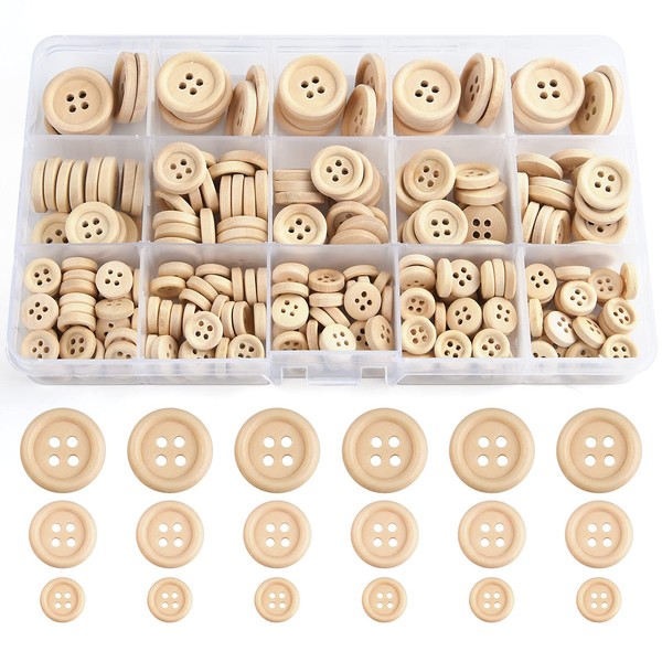 TUPARKA 255 PCS Wooden Buttons Mixed Size Natural Wooden Round