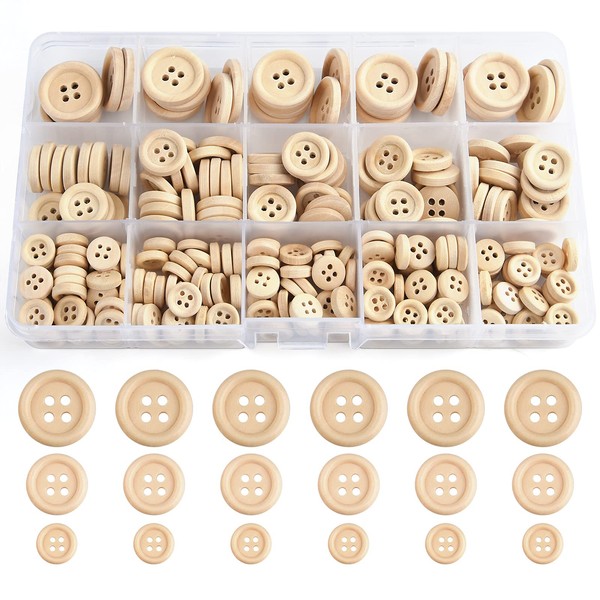 TUPARKA 255 PCS Wooden Buttons Mixed Size Natural Wooden Round Shape Button for Sewing Craft Decorations 10mm 15mm 20mm