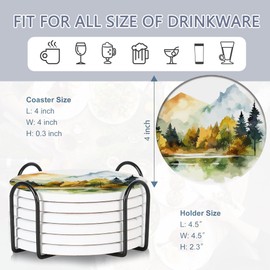 Table Coaster for Drinks Set of 6, Watercolor Misty Forest Round Ceramic Coasters,with Cork Base and Metal Holder,Great Housewarming Birthday Gifts,Home Decor