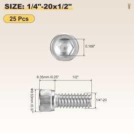 METALLIXITY Socket Head Cap Screw(1/4"-20x1/2) 25Pcs, 304 Stainless Steel Allen Socket Drive - Machine Internal Hex Screw UNC Coarse Thread, Silver Tone