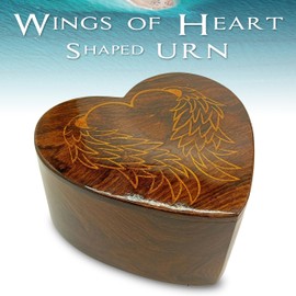 Wooden Heart Shape Angel Wings Engraved Keepsake Urn –Cremation Urn for Human Ashes Adult Female, Male -Handmade Wooden Urns for Human/Pet Ashes Adult | Wooden Cremation urn